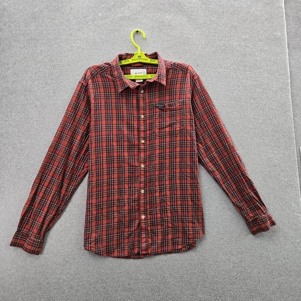 Columbia Men Button Up Shirt M‎ Red Plaid Long Sleeve Logo